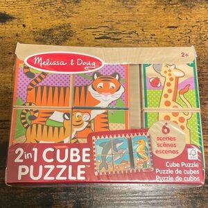 Melissa & Doug 2 In 1 Wooden Block Cube Puzzle 6 Animal Scenes Educational ~New